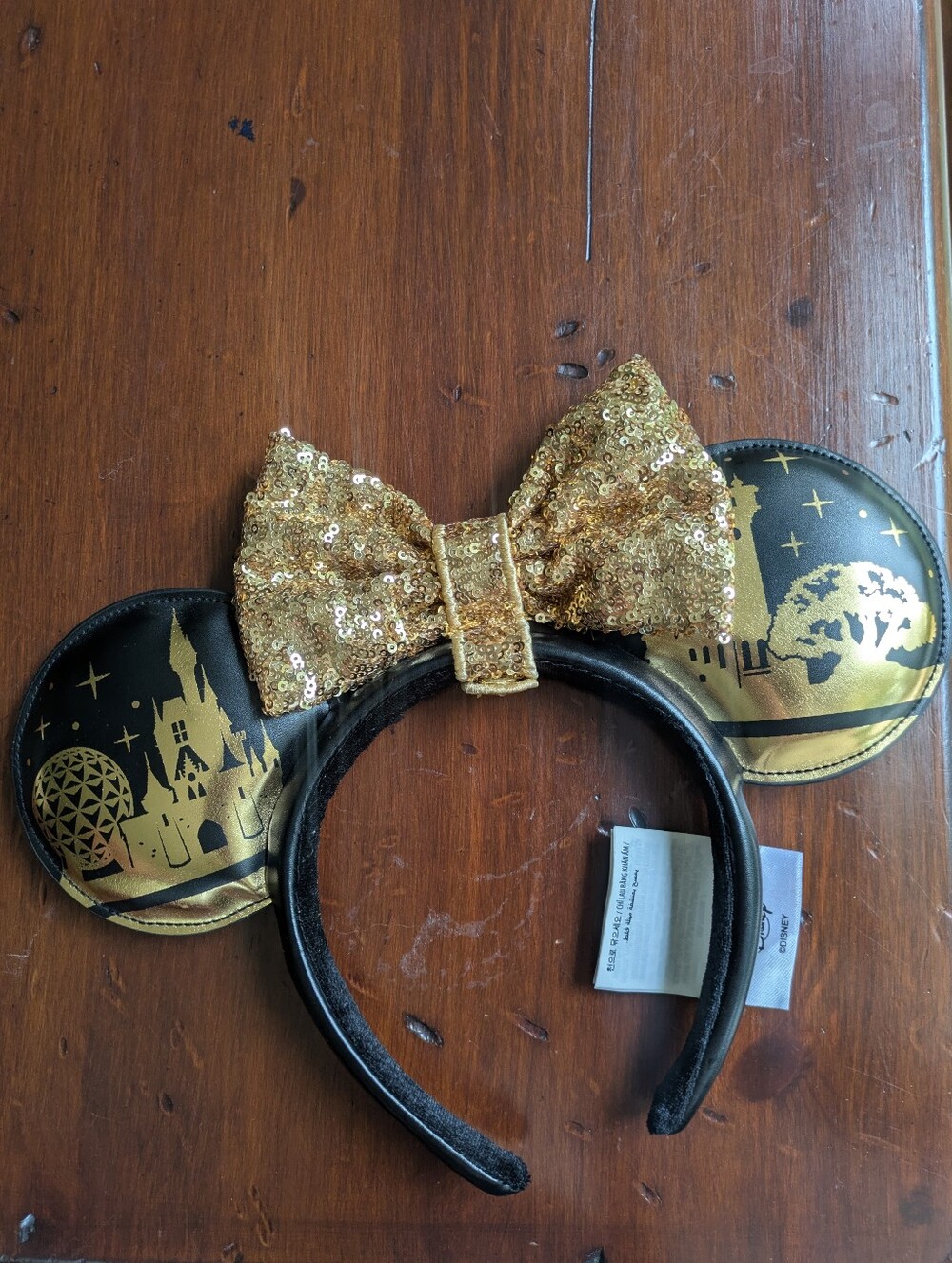 Disney World Park Icons Black And Gold Sequin Mouse Ears Removable Bow